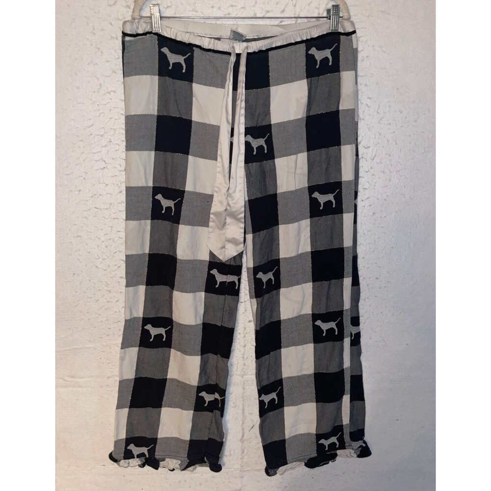 Victoria Secret PINK pajama pants flannel Plaid black white dog Cotton Vintage L